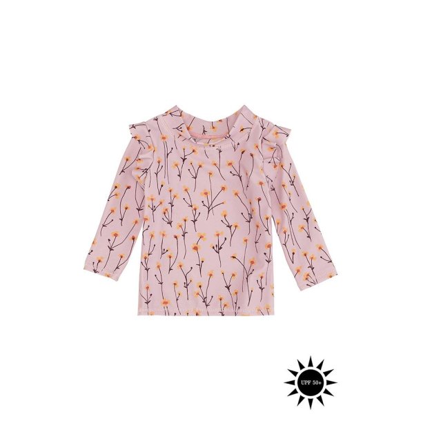 Soft Gallery UV50+ badebluse med flser og langermer i pink med gule blomster - Baby Fee Sun Shirt Dawn Pink AOP Buttercup
