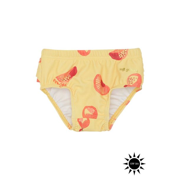 Soft Gallery UV50+ baby badebukser med flser i gul med appelsin print - Mina Swim Pants Jojoba AOP Oranges